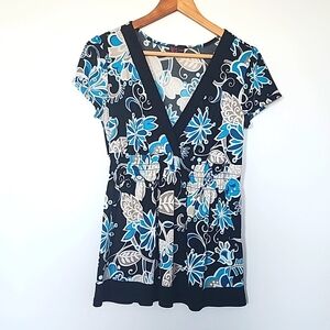 Agenda Black, Blue Cap Sleeve Blouse Size L